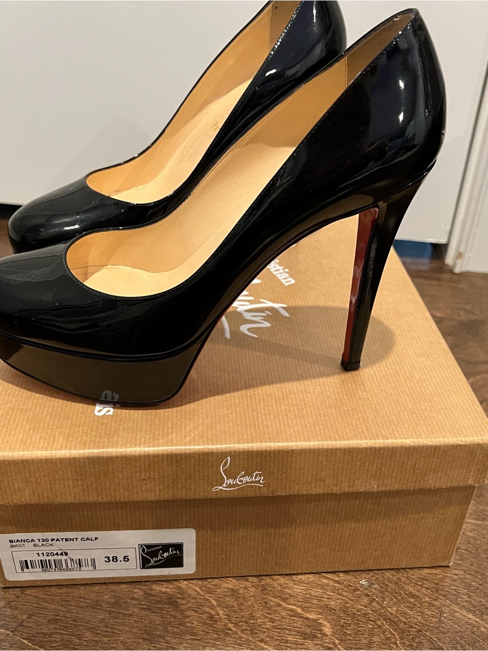 Christian Louboutin Black Patent Bianca 120mm Platform Pump size 38.5